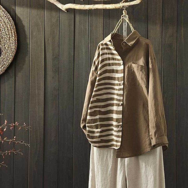 women's blouses & shirts spring arts style women long sleeve loose casual cotton linen patchwork striped asymme syxk, White
women's blouses & shirts spring arts style women long sleeve loose casual cotton linen patchwork striped asymme syxk, White