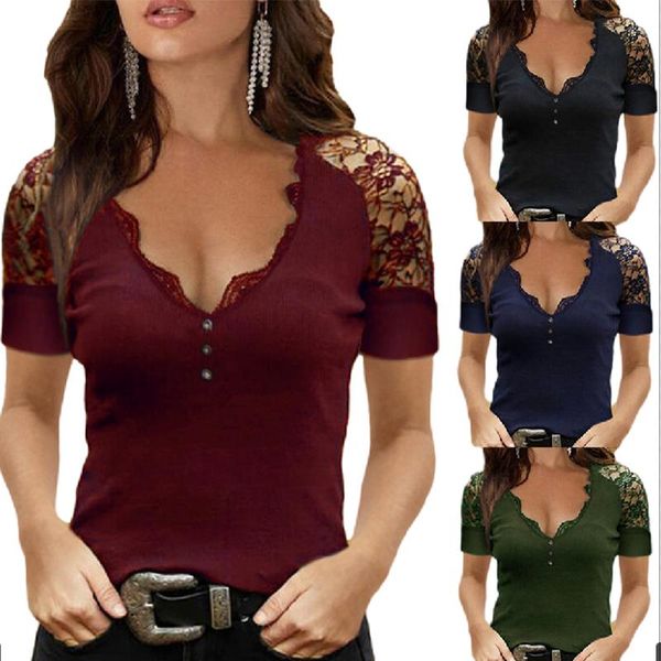 women's t-shirt 2021 summer fashion slim deep v-neck lace short sleeve casual solid color knitted button, White
women's t-shirt 2021 summer fashion slim deep v-neck lace short sleeve casual solid color knitted button, White