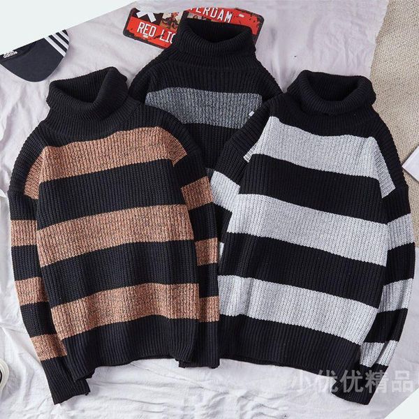 men's sweaters fall/winter turtleneck sweater thick hedging striped pullover korean preppy women's loose hip hop cool streetwear, White;black
men's sweaters fall/winter turtleneck sweater thick hedging striped pullover korean preppy women's loose hip hop cool streetwear, White;black
