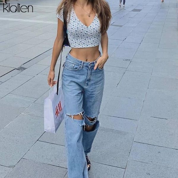 women's jeans klalien 2021 spring summer fashion high street casual women hole wasit loose straight female soft pant, Blue 
women's jeans klalien 2021 spring summer fashion high street casual women hole wasit loose straight female soft pant, Blue