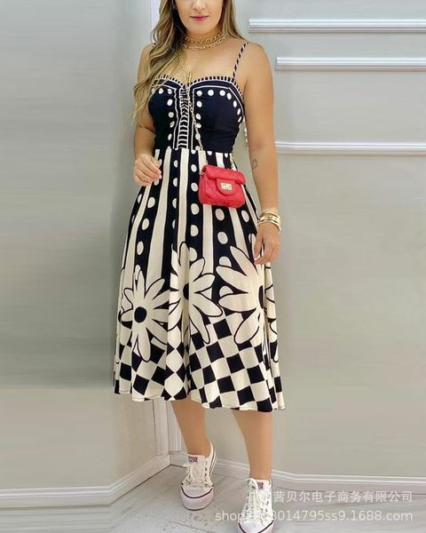 casual dresses 2021 summer style polka dot print sling waist mid-length dress, Black;gray
casual dresses 2021 summer style polka dot print sling waist mid-length dress, Black;gray