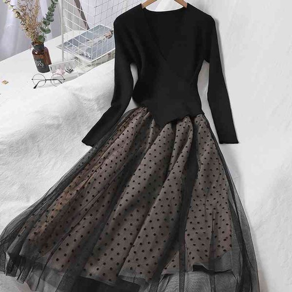 women patchwork mesh dress autumn winter v neck knitted sweater dot es ladies vintage party vestidos mujer 210602, Black;gray
women patchwork mesh dress autumn winter v neck knitted sweater dot es ladies vintage party vestidos mujer 210602, Black;gray