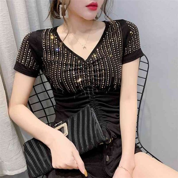 summer casual folds v-neck t-shirt diamond short sleeve women t shirt plus size -3xl 210507, White 
summer casual folds v-neck t-shirt diamond short sleeve women t shirt plus size -3xl 210507, White