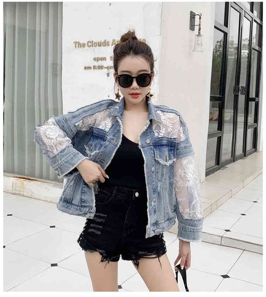 jacket summer long sleeve large size jeans jackets women's loose lace stitching perspective jacket ladies denim coat, Black;brown
jacket summer long sleeve large size jeans jackets women's loose lace stitching perspective jacket ladies denim coat, Black;brown