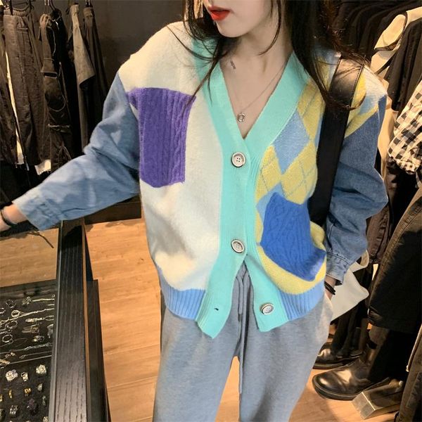 women's knits & tees autumn korean design sense vintage contrast color denim v-neck single breasted print patchwork knitted cardigan sw, White
women's knits & tees autumn korean design sense vintage contrast color denim v-neck single breasted print patchwork knitted cardigan sw, White