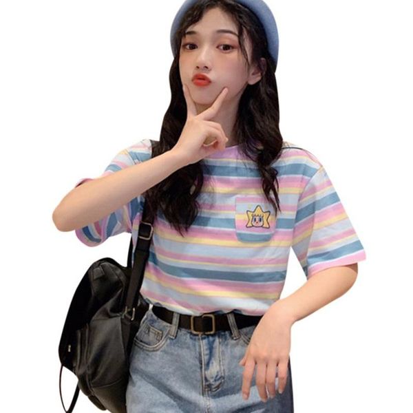 women's t-shirt summer arrival korean style small fresh rainbow striped tee loose bottoming short sleeves, White
women's t-shirt summer arrival korean style small fresh rainbow striped tee loose bottoming short sleeves, White