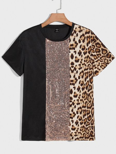 men leopard panel contrast sequin tee b62g#, White;black
