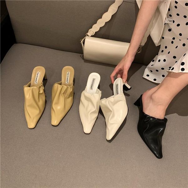 women high heels slippers round toe slip on mules shoes solid color yellow/beige/black shallow thick heeled slides
women high heels slippers round toe slip on mules shoes solid color yellow/beige/black shallow thick heeled slides