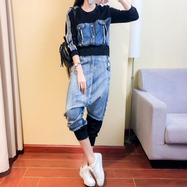women's tracksuits vefadisa 2021 autumn women clothing blue denim patch pullover sweatshirt washed and distressed harem pants sets 278, Gray
women's tracksuits vefadisa 2021 autumn women clothing blue denim patch pullover sweatshirt washed and distressed harem pants sets 278, Gray