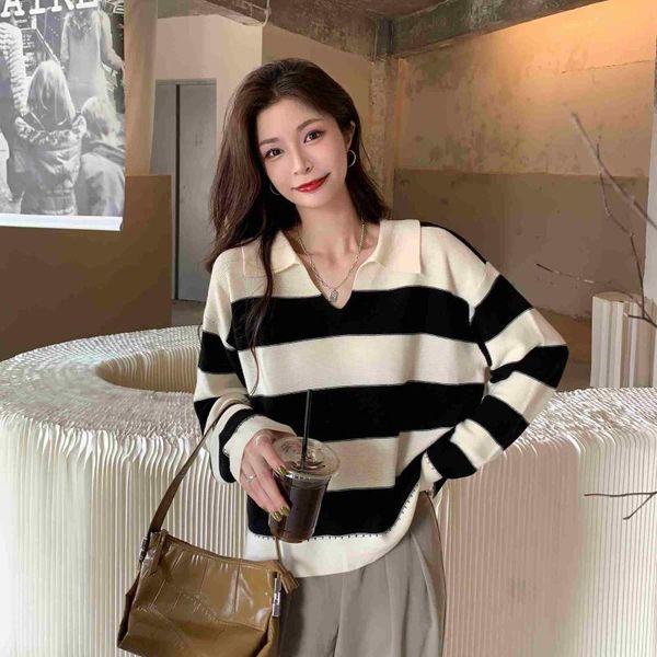 women's sweaters 2021 autumn versatile casual collar striped loose sweater design sense lazy style kio, White;black
women's sweaters 2021 autumn versatile casual collar striped loose sweater design sense lazy style kio, White;black