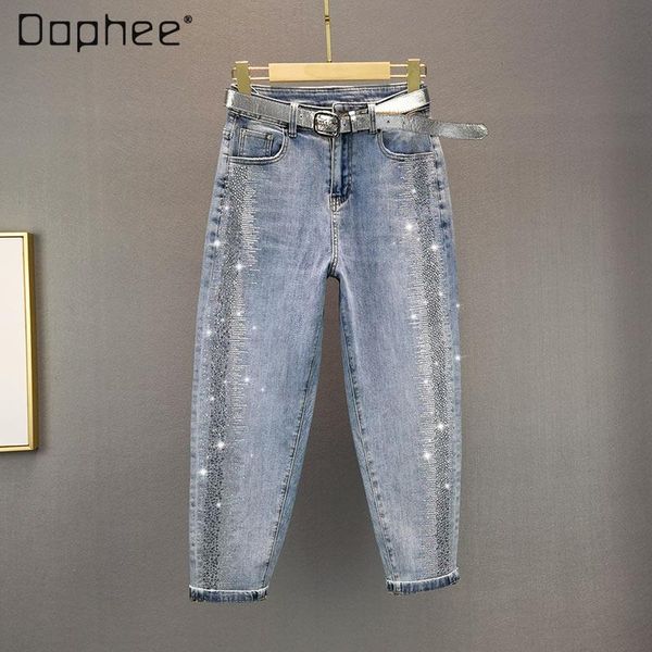 women's jeans 2021 spring embroidery drilling harem high waist loose and slimming nine points baggy pants, Blue
women's jeans 2021 spring embroidery drilling harem high waist loose and slimming nine points baggy pants, Blue