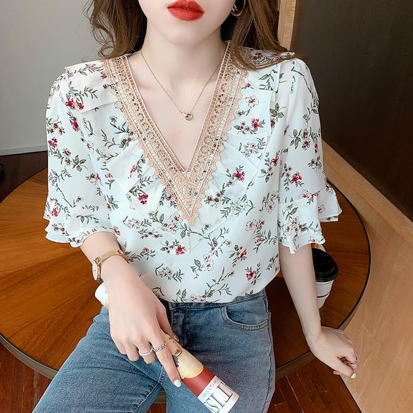 women's blouses & shirts chiffon loose blouse fashion casual short sleeve blusas printing ruffle v-neck summer houthion, White
women's blouses & shirts chiffon loose blouse fashion casual short sleeve blusas printing ruffle v-neck summer houthion, White