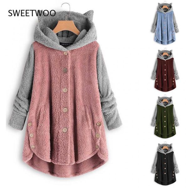 women's jackets 2021 autumn and winter european american button hooded cat ears plush irregular tide brand color matching jacket women, Black;brown
women's jackets 2021 autumn and winter european american button hooded cat ears plush irregular tide brand color matching jacket women, Black;brown