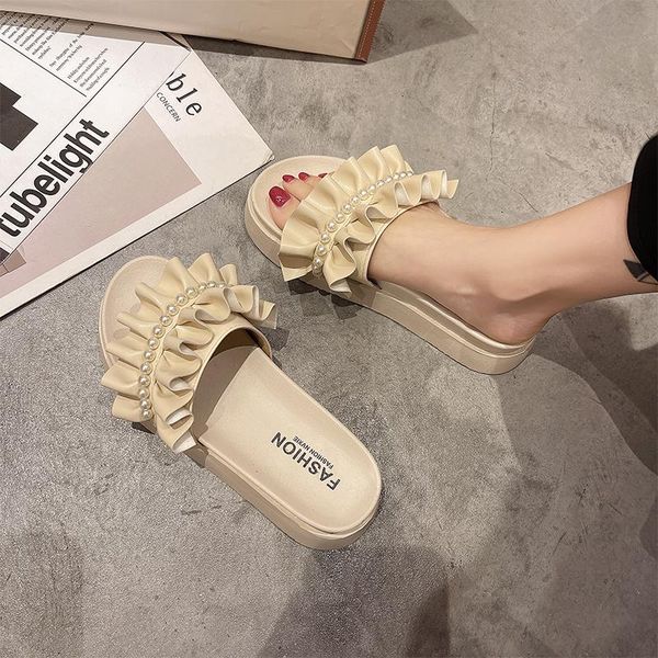 slippers shoes woman's luxury slides string bead med platform 2021 flat summer designer pu floral fabric rome rubber woman, Black 
slippers shoes woman's luxury slides string bead med platform 2021 flat summer designer pu floral fabric rome rubber woman, Black