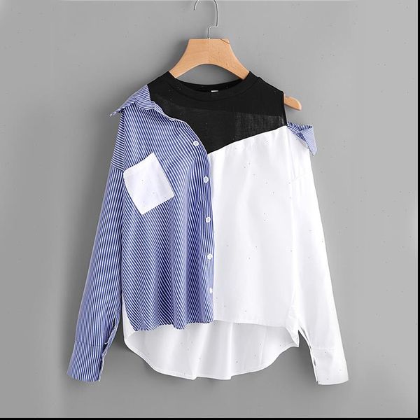 fanco contrast patchwork asymmetric women shirt open shoulder fall fashion striped casual dip hem, White
fanco contrast patchwork asymmetric women shirt open shoulder fall fashion striped casual dip hem, White