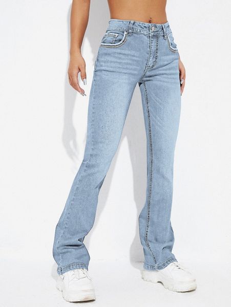 contrast stitch flap pocket flare jeans z2zt#, Blue
contrast stitch flap pocket flare jeans z2zt#, Blue