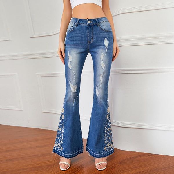 women's jeans 2021 retro vintage clothes skinny flare streetwear women high waist floral embroidered side ripped denim, Blue
women's jeans 2021 retro vintage clothes skinny flare streetwear women high waist floral embroidered side ripped denim, Blue