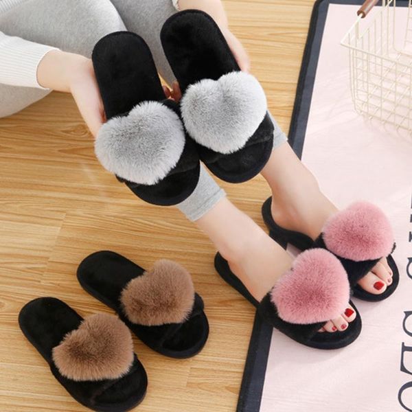 women slippers love heart cotton winter non-slip floor home furry shoes for bedroom, Black