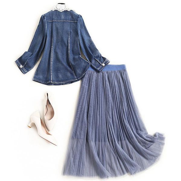 women girls kawaii white collar denim jeans shirts and mesh skirt suits spring long skirts cute two piece set blue
women girls kawaii white collar denim jeans shirts and mesh skirt suits spring long skirts cute two piece set blue