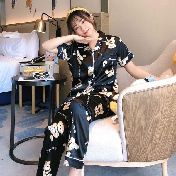 lovely satin homeear summer women sleepwear short sleeved pajamas set long pant pyjamas sets silk leisure, Black;red
lovely satin homeear summer women sleepwear short sleeved pajamas set long pant pyjamas sets silk leisure, Black;red
