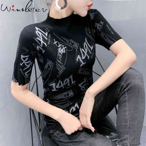 women's t-shirt summer european clothes knit fashion print graffiti letter women short sleeve elastic slim tees t13408a, White
women's t-shirt summer european clothes knit fashion print graffiti letter women short sleeve elastic slim tees t13408a, White