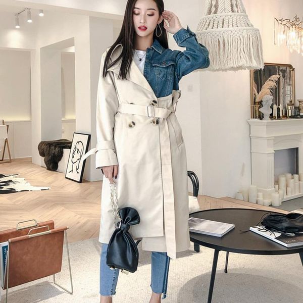 women's trench coats 2021 fashion female's full sleeve long jacket persoanality denim patchwork double breasted overcoat, Tan;black
women's trench coats 2021 fashion female's full sleeve long jacket persoanality denim patchwork double breasted overcoat, Tan;black