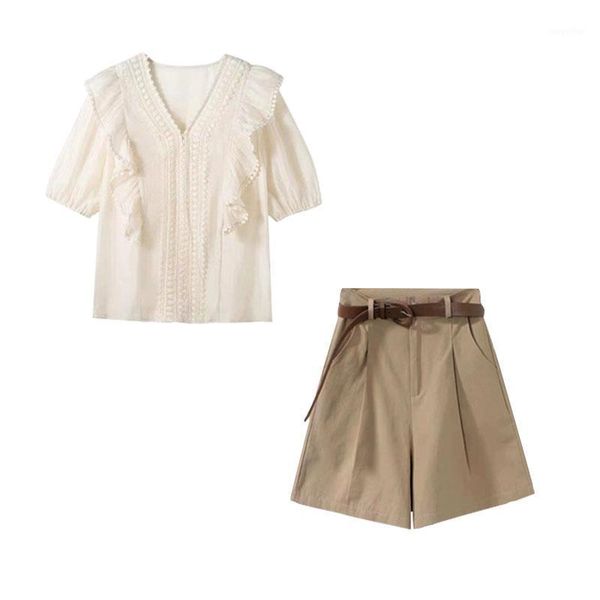 women's tracksuits 2 pieces women shorts sets summer design 2021 ruffles hollow out white blouse and wide leg female elegant clothing s, Gray
women's tracksuits 2 pieces women shorts sets summer design 2021 ruffles hollow out white blouse and wide leg female elegant clothing s, Gray