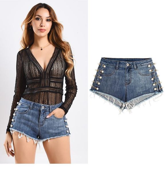 fashion women denim shorts plus size stretch jeans women's high waist short breeches with pearls tassels, Blue
fashion women denim shorts plus size stretch jeans women's high waist short breeches with pearls tassels, Blue