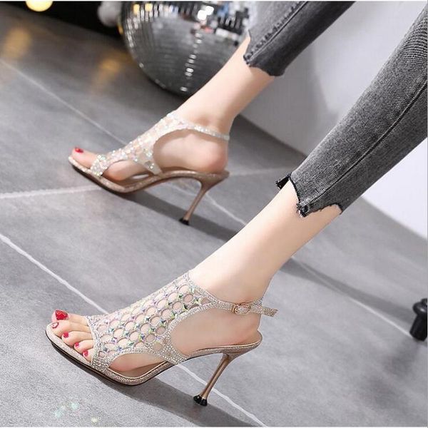 dress shoes rhinestone mesh high-heeled women's hollow sandals female korean style fish mouth fine-heeled, Black 
dress shoes rhinestone mesh high-heeled women's hollow sandals female korean style fish mouth fine-heeled, Black