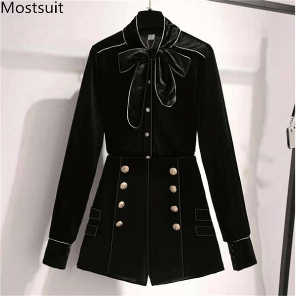 spring black velvet fashion 2 piece shorts sets women bow shirt + gold buttons suits vintage office korean 2 pcs set 210513, White
spring black velvet fashion 2 piece shorts sets women bow shirt + gold buttons suits vintage office korean 2 pcs set 210513, White