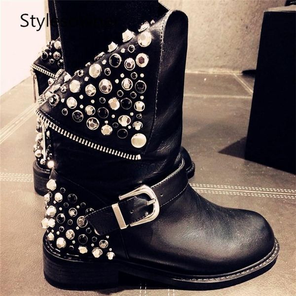 boots stylesowner black real leather women motorcycle round toe back zip with metallic studded rivets belt buckle
boots stylesowner black real leather women motorcycle round toe back zip with metallic studded rivets belt buckle