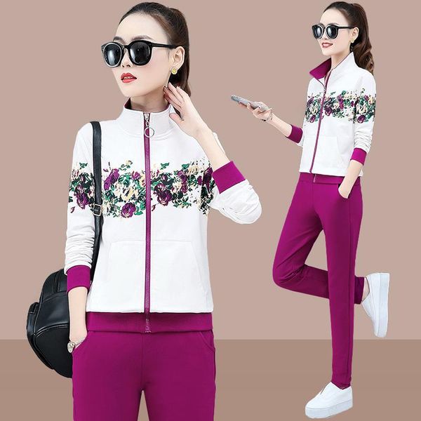 women's tracksuits 2021 spring fashion plus size flower printting zipper jackets+pants suits female casual large two-piece sets, Gray
