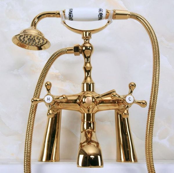 polished gold color brass deck mounted clawfoot bathroom tub faucet dual cross handles telephone style hand shower head ana150 sets
polished gold color brass deck mounted clawfoot bathroom tub faucet dual cross handles telephone style hand shower head ana150 sets
