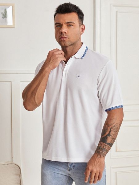 extended sizes men contrast trim letter embroidery polo shirt y3r7#, White;black 
extended sizes men contrast trim letter embroidery polo shirt y3r7#, White;black