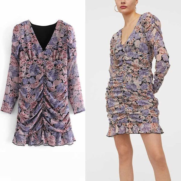 za ruched floral print chiffon dress women long puff sleeve elegant ruffle hem short dresses woman chic fit draped vestido 210602, Black;gray
za ruched floral print chiffon dress women long puff sleeve elegant ruffle hem short dresses woman chic fit draped vestido 210602, Black;gray