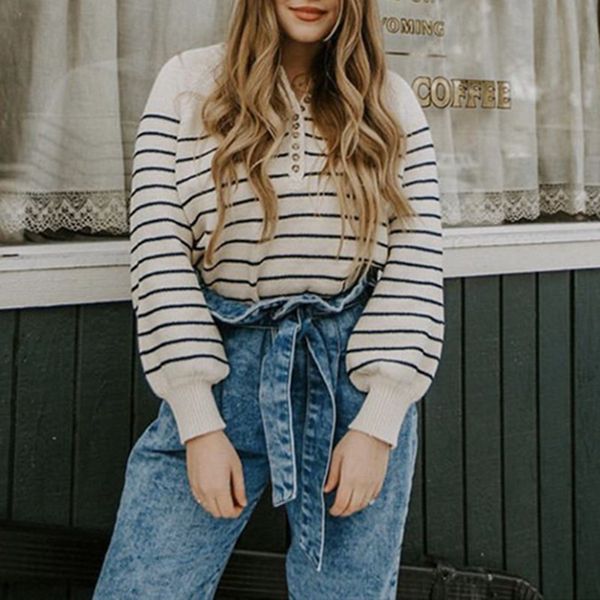 sweaters women stripes sweater long puff sleeve retro o-neck female casual knit pull with buttons early autumn, White;black
sweaters women stripes sweater long puff sleeve retro o-neck female casual knit pull with buttons early autumn, White;black