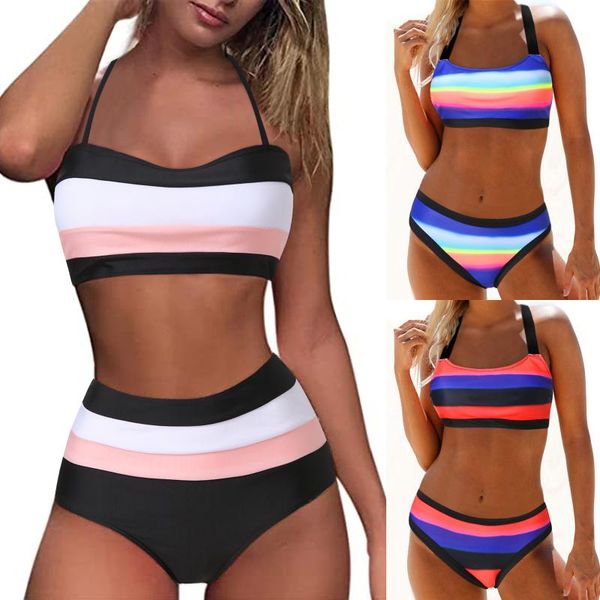women's swimwear women bandeau padded push up print high waist two piece halter tankini 2021 beach wear swim suit maillot de bain, White;black
women's swimwear women bandeau padded push up print high waist two piece halter tankini 2021 beach wear swim suit maillot de bain, White;black