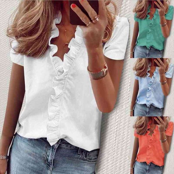 plain ruffle summer solid color womens shirt short sleeve basic style elegant office lady v neck pullover blusa, White
plain ruffle summer solid color womens shirt short sleeve basic style elegant office lady v neck pullover blusa, White