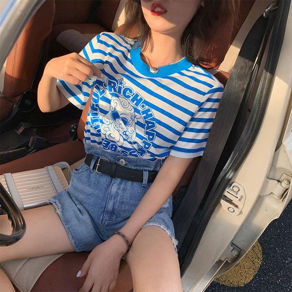 women's t-shirt blue print stripe spring 2021 short sleeve loose and versatile fashion cotton top, White
women's t-shirt blue print stripe spring 2021 short sleeve loose and versatile fashion cotton top, White