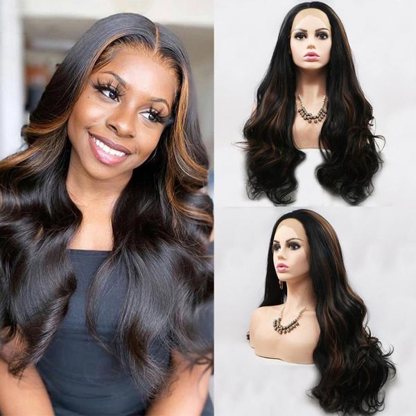 synthetic wigs long body wave black brown highlight hair wig for women middle part hairline daily wear t lace frontal
synthetic wigs long body wave black brown highlight hair wig for women middle part hairline daily wear t lace frontal