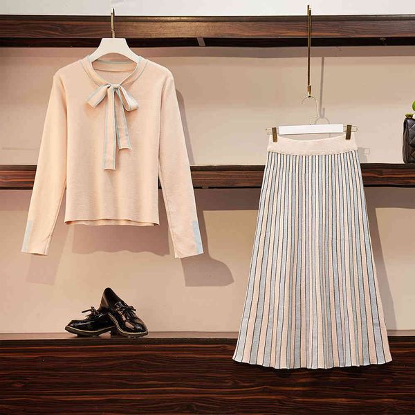 plus size women 2 piece set autumn winter long sleeve bow tie striped dress knitted sweater suit skirt two-piece suit drress 210515, White
plus size women 2 piece set autumn winter long sleeve bow tie striped dress knitted sweater suit skirt two-piece suit drress 210515, White