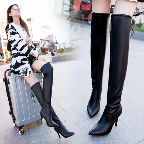 fashion style pointed toe with thin and knee-high boots children tide, Black