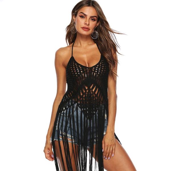 women hollow out crochet tassel beach dress bikini cover up halter open backless bohemian summer swim dresses beachwear women's swimwea, White;black
women hollow out crochet tassel beach dress bikini cover up halter open backless bohemian summer swim dresses beachwear women's swimwea, White;black