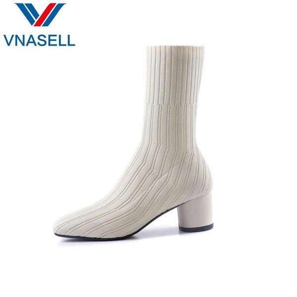 boots knitted elastic socks medium heeled short women point toe ankle 2021 size33-40, Black