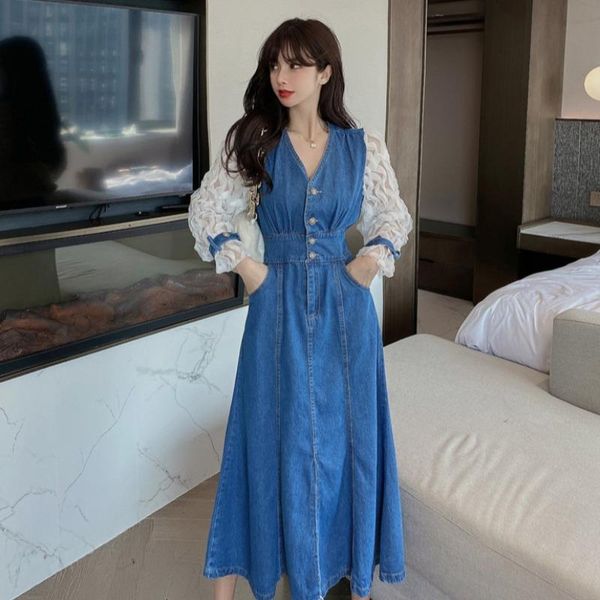 casual dresses streetwear vintage autumn pathcwork slim high waist v neck puff sleeve denim dress big swing fashion vestido mujer jeans full, Black;gray
casual dresses streetwear vintage autumn pathcwork slim high waist v neck puff sleeve denim dress big swing fashion vestido mujer jeans full, Black;gray