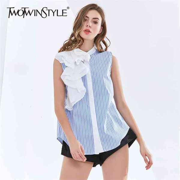 twowinsyle casual shirt for women o neck sleeveless striped hit color patchwork ruffles shirts female summer clothing 210524, White
twowinsyle casual shirt for women o neck sleeveless striped hit color patchwork ruffles shirts female summer clothing 210524, White