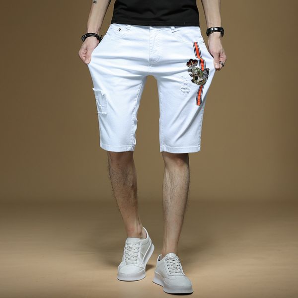 fashionable shorts summer white hole embroidery denim men's slim casual capris trend elastic pants, White;black
fashionable shorts summer white hole embroidery denim men's slim casual capris trend elastic pants, White;black