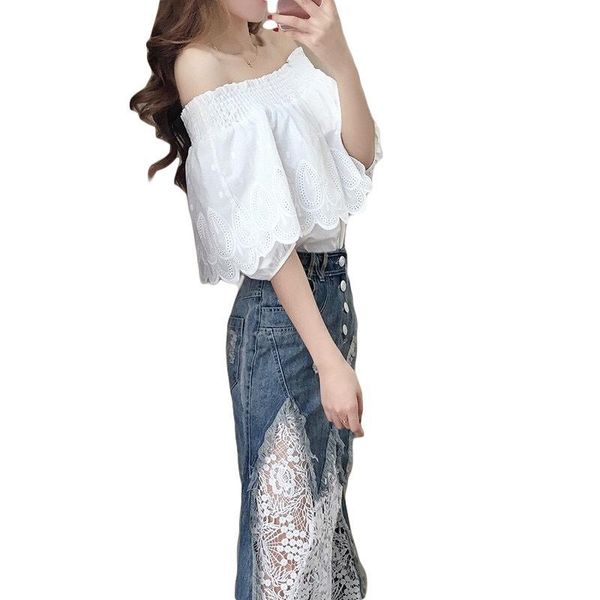 two piece dress sets women summer costume female pullover shoulderless shirt + lace long denim suits clothing, White
two piece dress sets women summer costume female pullover shoulderless shirt + lace long denim suits clothing, White
