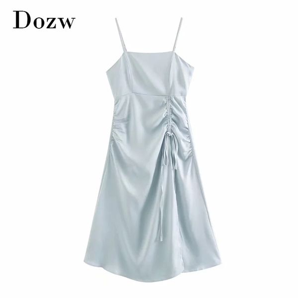 spaghetti strap midi long dress women chic bow tie drawstring sleeveless a line solid party es summer 210515, Black;gray 
spaghetti strap midi long dress women chic bow tie drawstring sleeveless a line solid party es summer 210515, Black;gray