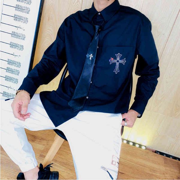 hearts/chrome shorts 20ss early autumn new long sleeve shirt men's brand cross drill fashion coat hair stylist send tie, Black
hearts/chrome shorts 20ss early autumn new long sleeve shirt men's brand cross drill fashion coat hair stylist send tie, Black